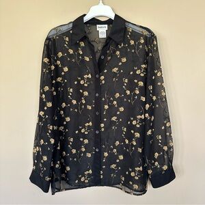 Vintage Sheer Floral Button Shirt Women M Collared Dark Whimsigoth Fairy Black